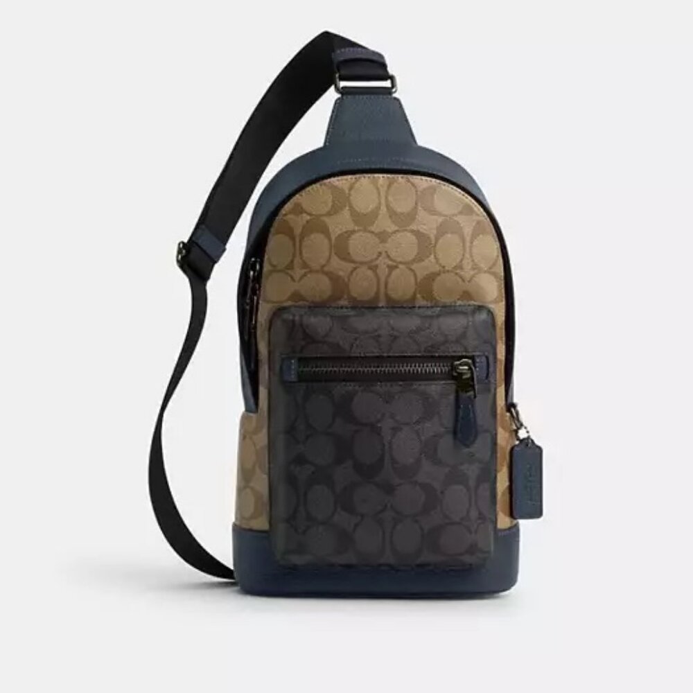 COACH Men's West Pack Blue Color Block Signature Crossbody Sling Bookbag $350